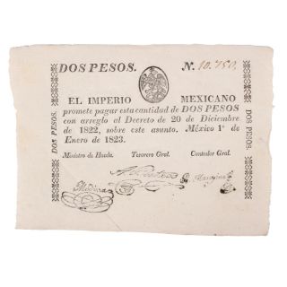 Mexico.  Emperor Iturbide,  1822 - 1823.  1823 Dos Pesos. photo