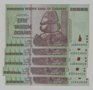 5 X 50 Trillion Zimbabwe Dollars Banknote Aa - 2008 Unc (500000000 Zimbabwe) photo