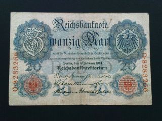Germany 20 Mark Banknote Circulated 1914 P - 46b/ro47b F - Vf photo