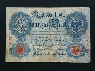 Germany 20 Mark 1910 Banknote Circulated P - 40b/ro40b F - Vf photo