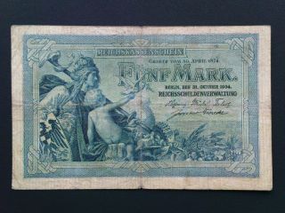 Germany 5 Mark Banknote Circulated 1904 P - 8b / Ro - 22b (7 Digits) F - Vf photo