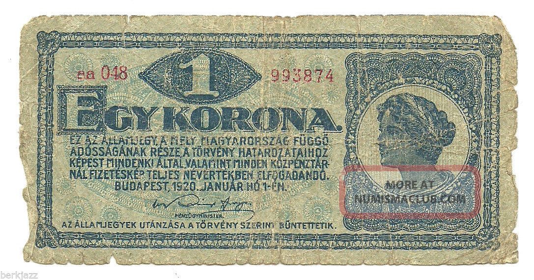 Vintage 1920 Egy Korona (one Crown) Hungarian Currency Banknote Europe photo