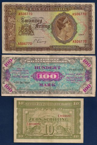 Luxembourg 20 Francs,  Germany 100 Marks 1944,  Austria Schilling Allied Occ photo