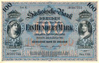 Sachsische Bank Zu Dresden Germany 100 Mark 1911 Choice Unc photo