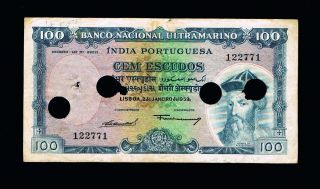 Portuguese India Banknotes100 Escudos 1959 Punched Hole - P43 - - 122771 photo