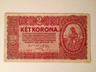 Post Ww1 1920 Hungary 2 Korona Banknote Hungarian/romanian Civil War Currency photo