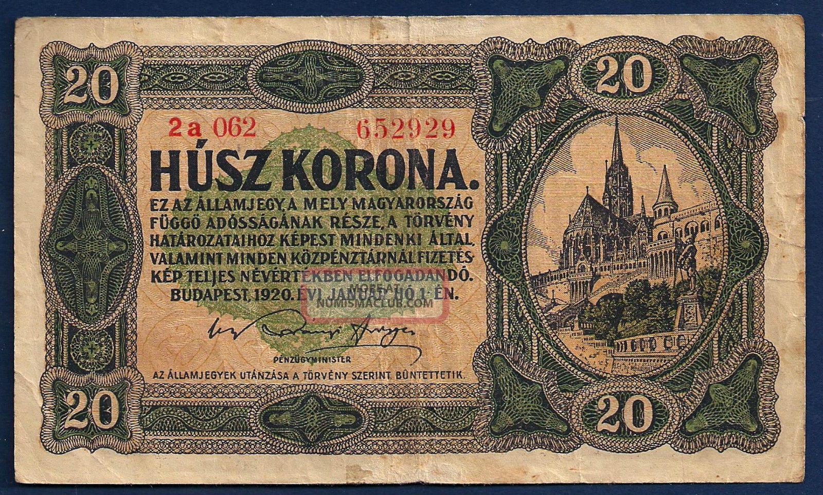 Hungary 20 Korona 1920 P - 61 Matyas Church Budapest Hungarian Note Europe photo