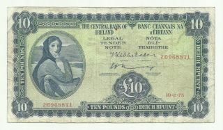 Rare Bank Of Ireland 10 Pounds 1975 Big Banknote photo