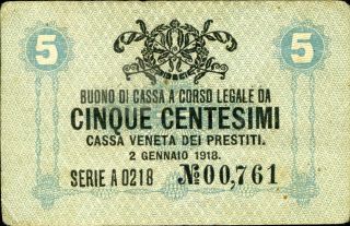 Italy 5 Centesimi 1918 P - M1 Vf Cassa Veneta Dei Prestiti Circulated Banknote photo