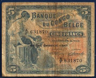Belgian Congo 5 Francs 1947 P - 13ad Woman W/ Child & Beehive Africa Note photo