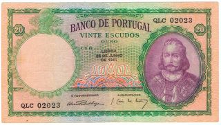Portuguese Banknote 20 Escudos 1951 = Luiz De Menezes = photo