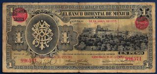 1914 Mexico El Banco Oriental De Mexico 1 Peso S - 388a Vintage Mexican Note photo