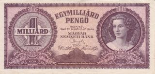 1946 Hungary 1 Billion Pengo Banknote photo