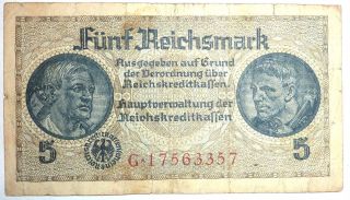5 Reichsmark Banknote Nazi Era W/ Swastika World War Ii photo