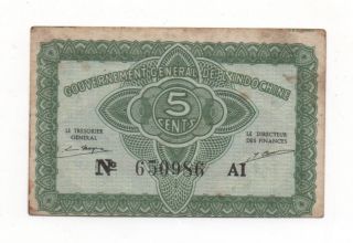 French Indochine Indo - China 5 Cents 1943 Pick 88 Look Scans photo