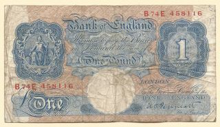1940 - 48 (nd) Great Britain One Pound Banknote P - 367 - T24 photo