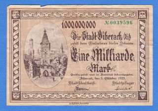 Germany Banknote 1923 One Billion Mark Stadt Biberach photo