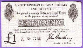 Gb One Pound Banknote 1914 G/68 P349a Good Very Fine photo