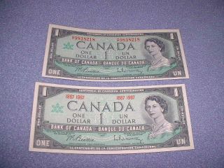 Two 1967 Centennial Canadian One Dollar Bill Crisp Uncirculated Canada photo