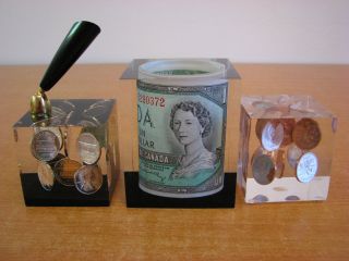 2 Pencil Holder 1 Paperweight Usa/canada 1954 Paper Money Coin Lucite,  Acrylic photo