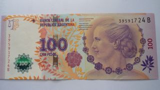 Argentina Eva Evita Peron 100 Peso Banknote Aunc photo