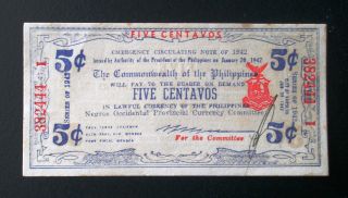 (563) Philippines 1942 5 Centavos Negros Occidental Emergency Note photo
