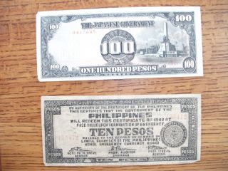 Phillippines 1944 100 Pesos Occupation Banknote & 1942 Wwii Guerrilla 10 Pesos photo