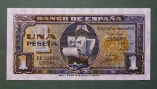 •q - B• Spain Unc Banknote.  1 Peseta 1940 P 122.  Unc photo
