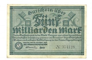 Rare 5 Billion (in German Milliarden) Mark City Bremen 1923 photo