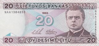 Lithuania Lietuvos Bankas 20 Litu 1993 Unc photo