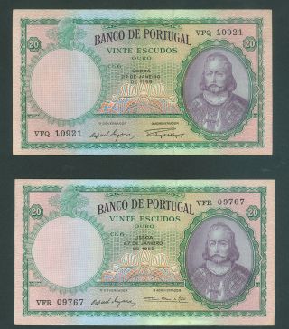 2 Portuguese (20) Twenty Escudo Banknote2 1959 Banco De Portugal Vf photo