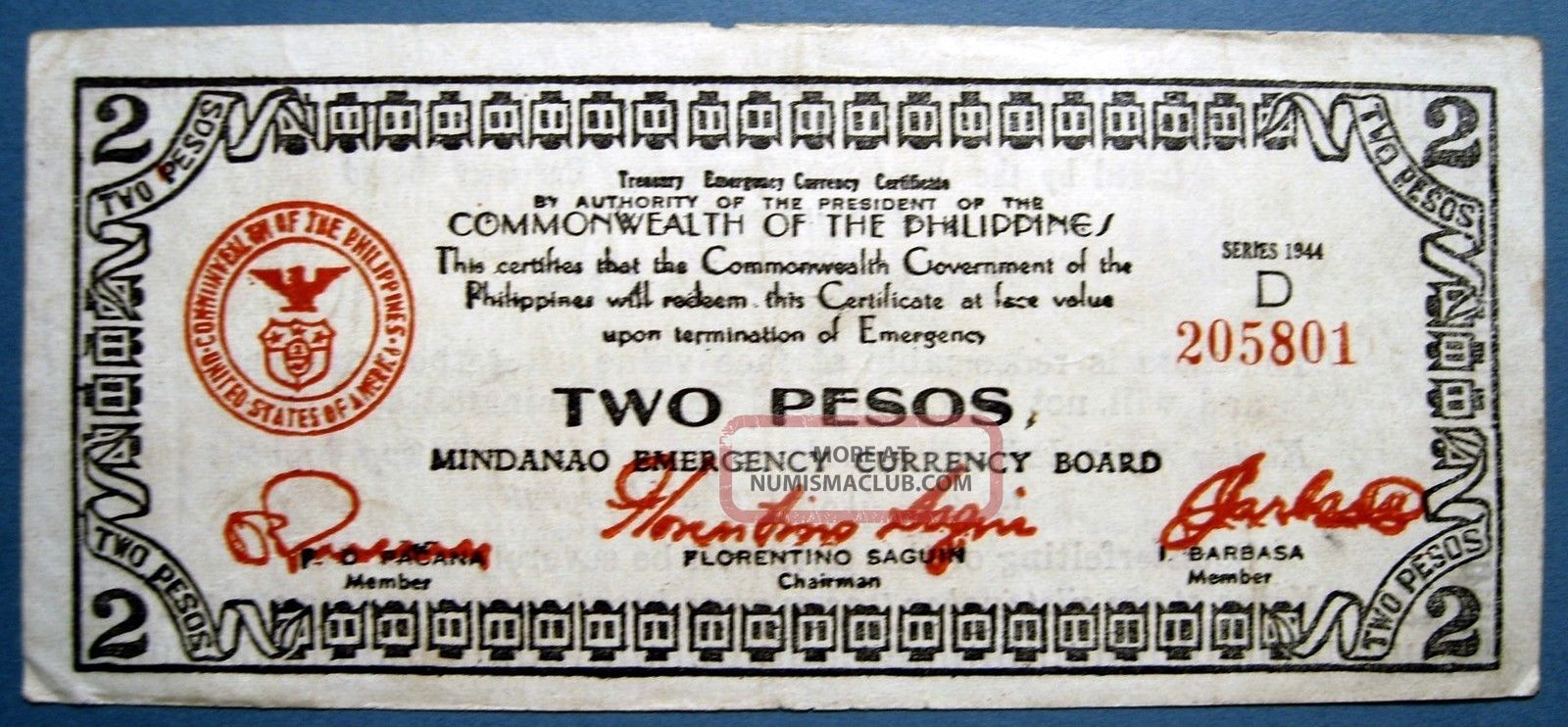 Philippines Wwii 1944 2 Pesos Province Mindanao Asia photo