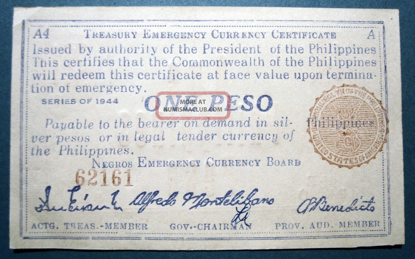 Philippines Wwii 1944 1 Peso Province Negros Asia photo