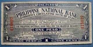 Philippines Wwii 1941 1 Peso Province Cebu photo