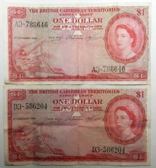25y 2 1958 British Caribbean Territories $1 Dollar Bills photo