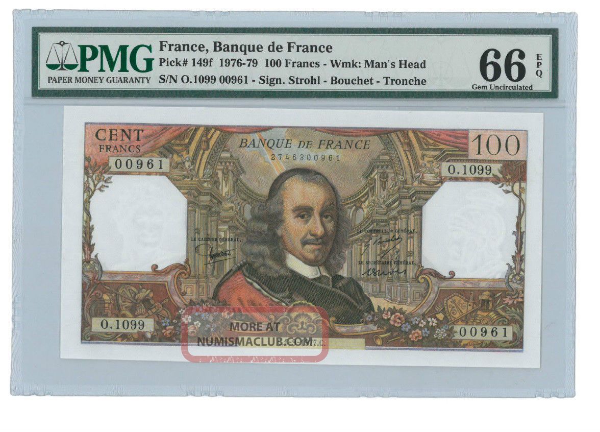 France French 100 Francs Bank Note Corneille Pmg 66 Epq Gem Unc 1977 Pick 149f Europe photo