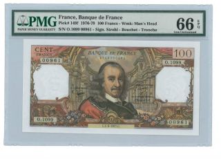 France French 100 Francs Bank Note Corneille Pmg 66 Epq Gem Unc 1977 Pick 149f photo