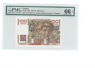 France French 100 Franc Bank Note Jeuse Paysan Pmg 66 Epq Gem Unc 1951 Pick 128d photo