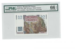 France French 50 Francs Bank Note Le Verrier Pmg 66 Epq Gem Unc 1946 Pick 127a photo