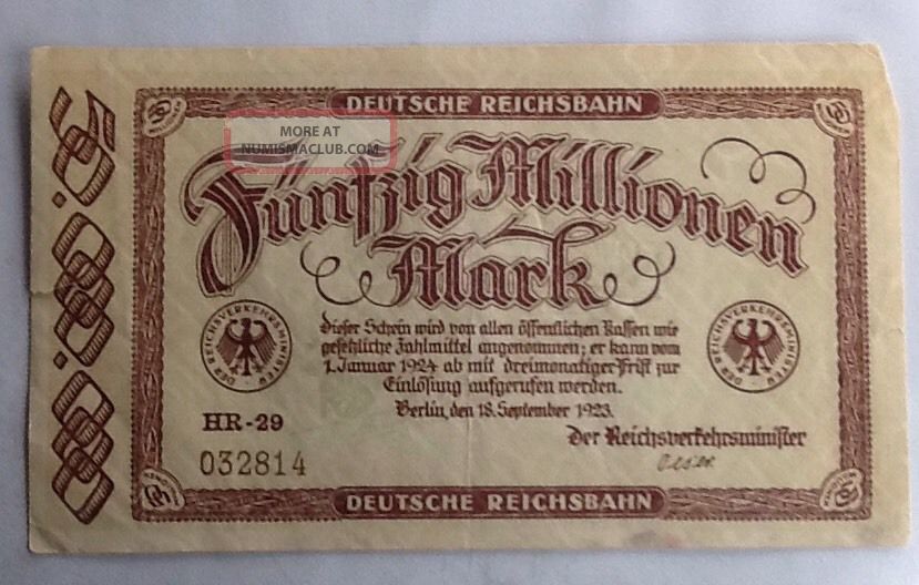 German 50 Million Mark 1923 Note Funfzig Millionen Old Railway Money Europe photo