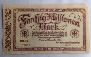 German 50 Million Mark 1923 Note Funfzig Millionen Old Railway Money photo