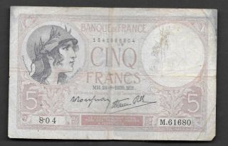 France - 5 Francs Circulated Banknote 1939 Issue - Good Note photo