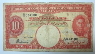 British Malaya $10 Old Banknote,  1941,  King George Vi,  Straits Settlements,  Kgvi photo