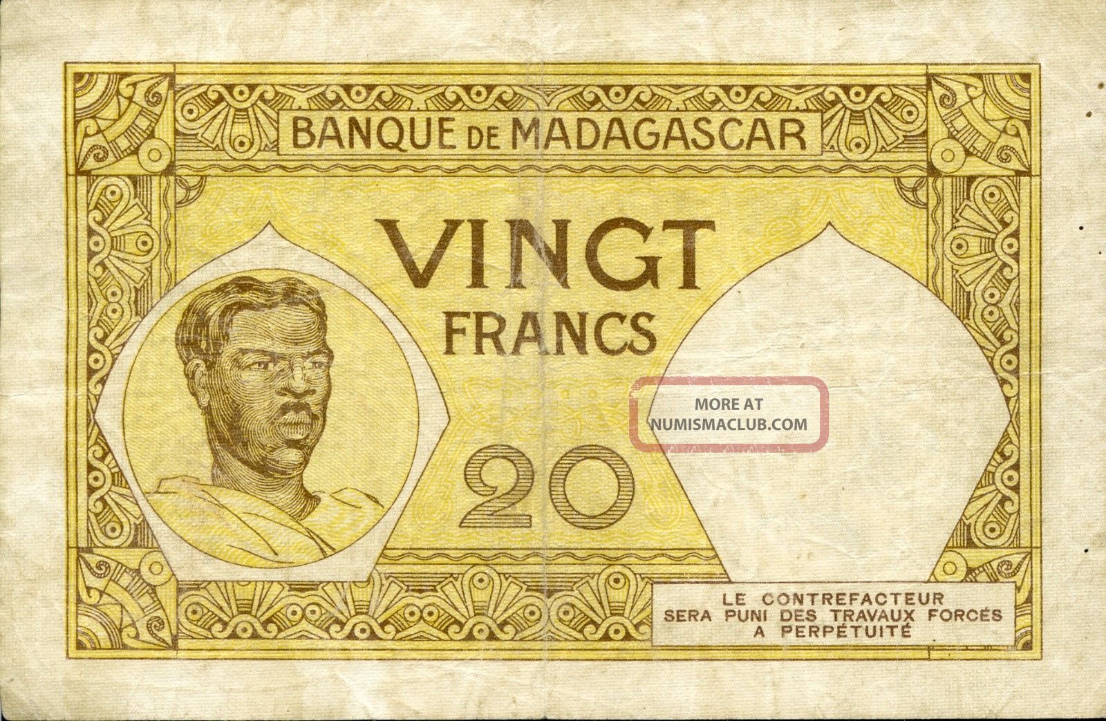 Madagascar 20 Francs 1937 1947 P 37 F Circulated Banknote madagascar-20-francs-1937-1947-p-37-f-circulated-banknote