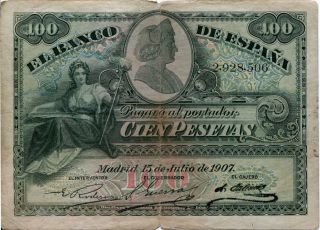 Spain 1907 100 Pesetas Banknote - - - Bargain - - - photo