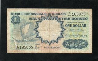 Malaya & British Borneo 1959 One Dollar Banknote Pick 8a photo