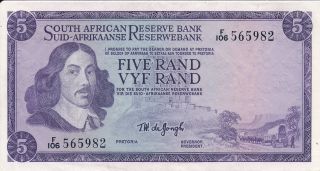 A 1967 South African 1st Issue Five Rand Banknote T.  W De Jongh photo