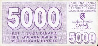 Bosnia Herzegovina 5,  000 5000 Dinara 1992 P - 27 Ef Circulated Banknote photo
