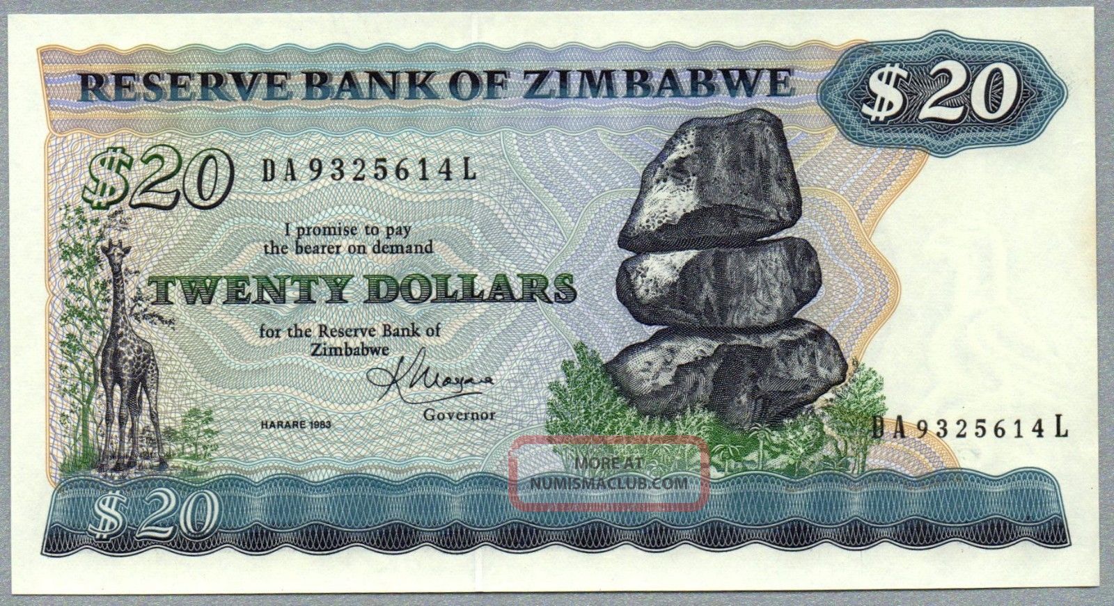 20 Dollars Zimbabwe Uncirculated Banknote 1983 Pick 4