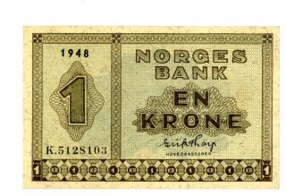 Norway….  P - 15b….  1 Krone….  1948….  Vf/xf photo